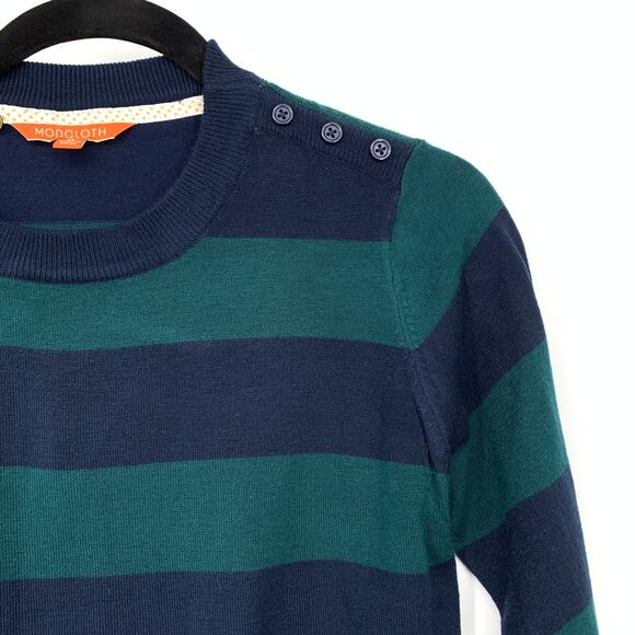 Modcloth Pullover Crew Neck Sweater Womens Sz M Striped Navy Green Button Detail - Picture 3 of 6